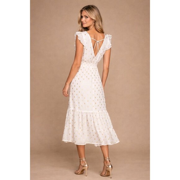 ✨ NWT Lulus White Gold Polka Dot Ruffle Tiered Midi Dress S ✨ - Picture 2 of 8
